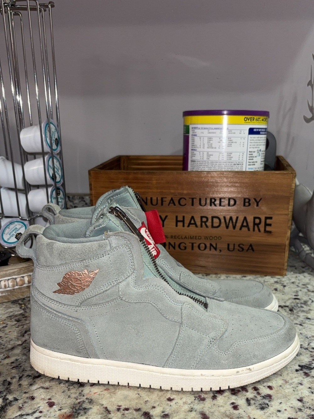 Jordan Zip-Front Suede Sneakers in Light Gray with Red Nike Tag - Picture 3 of 5